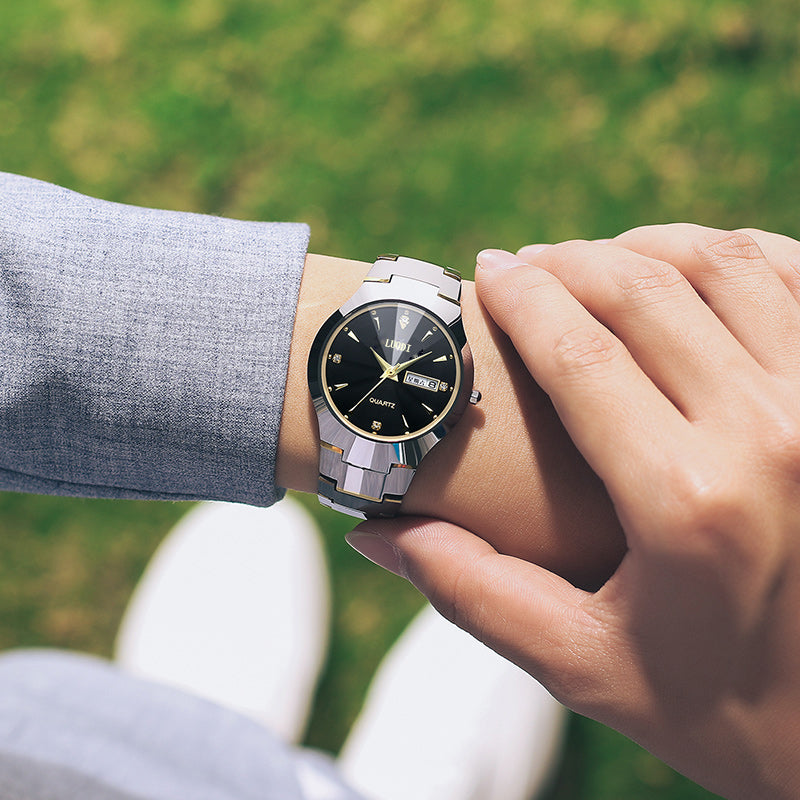 Men's Tungsten Steel Watch Business Quartz Watch Double Calendar Waterproof Ultra-thin Men's Watch In Stock